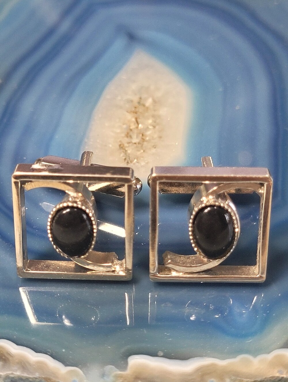 Silver Square Cufflinks with Black stone Cabochon